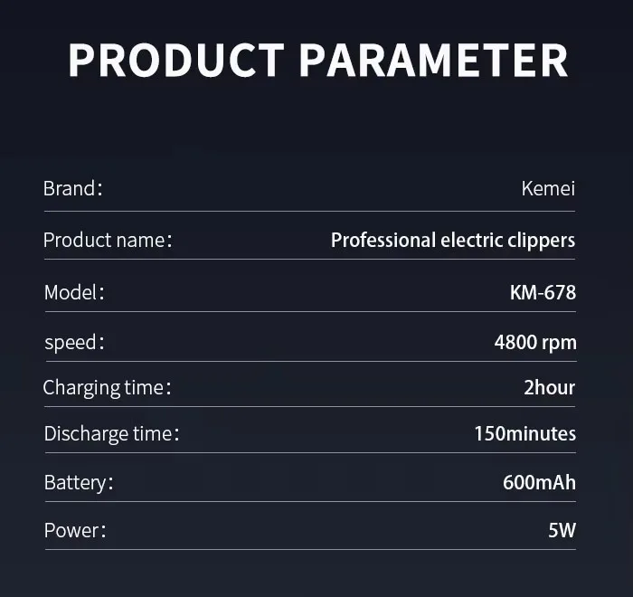 Kemei KM-2628 KM-678 KM-2024 Professional Electric Hair Clippers Beard Clipper Rechargeable Men's Shaver Hair Trimmer Kit
