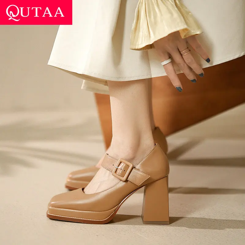 

QUTAA 2022 Genuine Leather Square High Heel Spring Summer Female Shoes Platform Mary Janes Square Toe Women Pumps Size 34-39