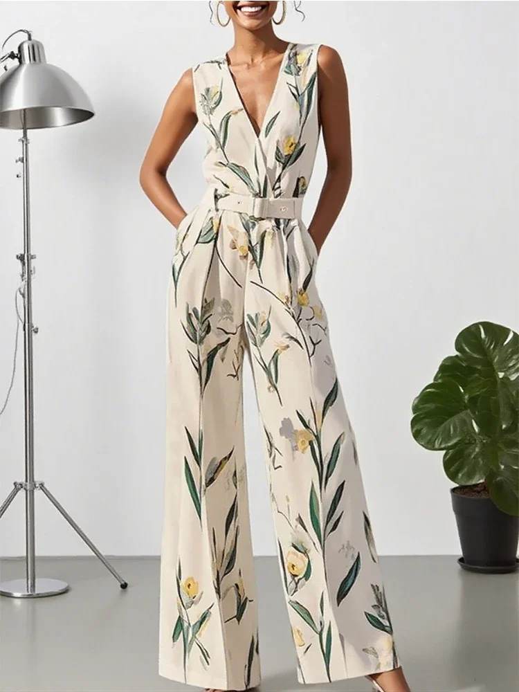

Gymystars Women's Print Set High Streetwear Pants Elegant Loose Sleeveless with Art Fashion Long Jumpsuit Lady Overall Jumpsuits