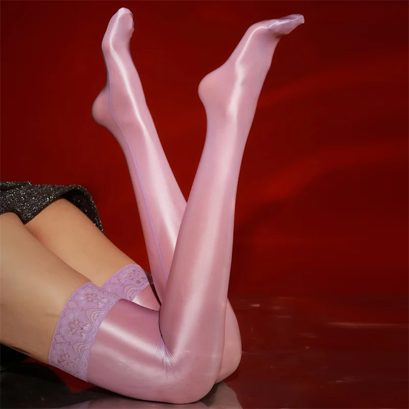 

Гладкая ткань, фиолетовые сексуальные корректирующие чулки, женские готические масляные блестящие кружевные силиконовые чулки с защитой от крючков, эластичные меди для вечеринки