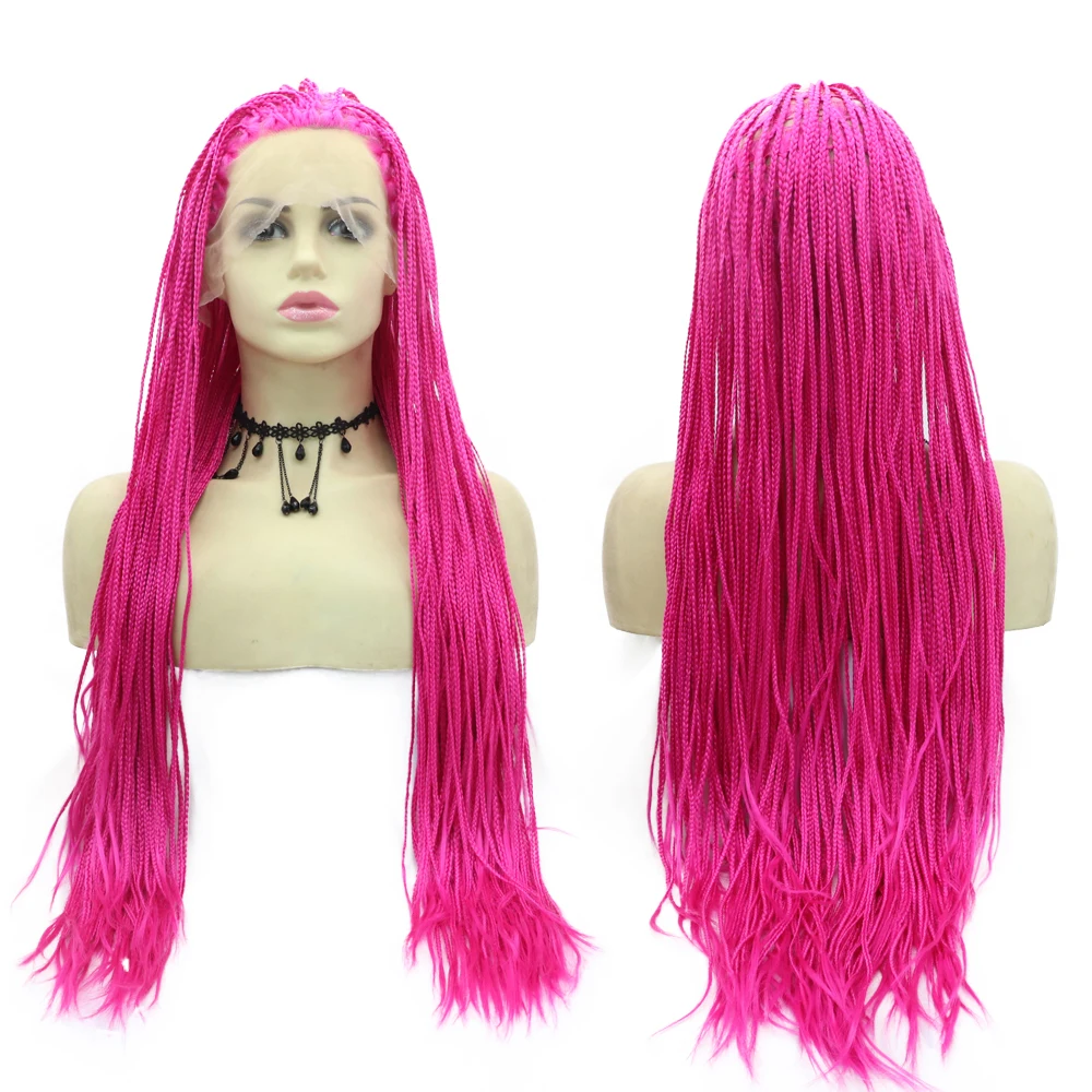 Peluca sintética con malla frontal para mujer, trenza de caja roja rosa, trenzas largas de 24 pulgadas, pelo de fibra resistente al calor para Cosplay o uso diario