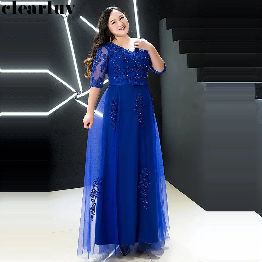 Evening Dress Royal Blue Beading T357 V-Neck Robe De Soiree Half Sleeves A-line Floor Length Plus size Women Party Formal Gown