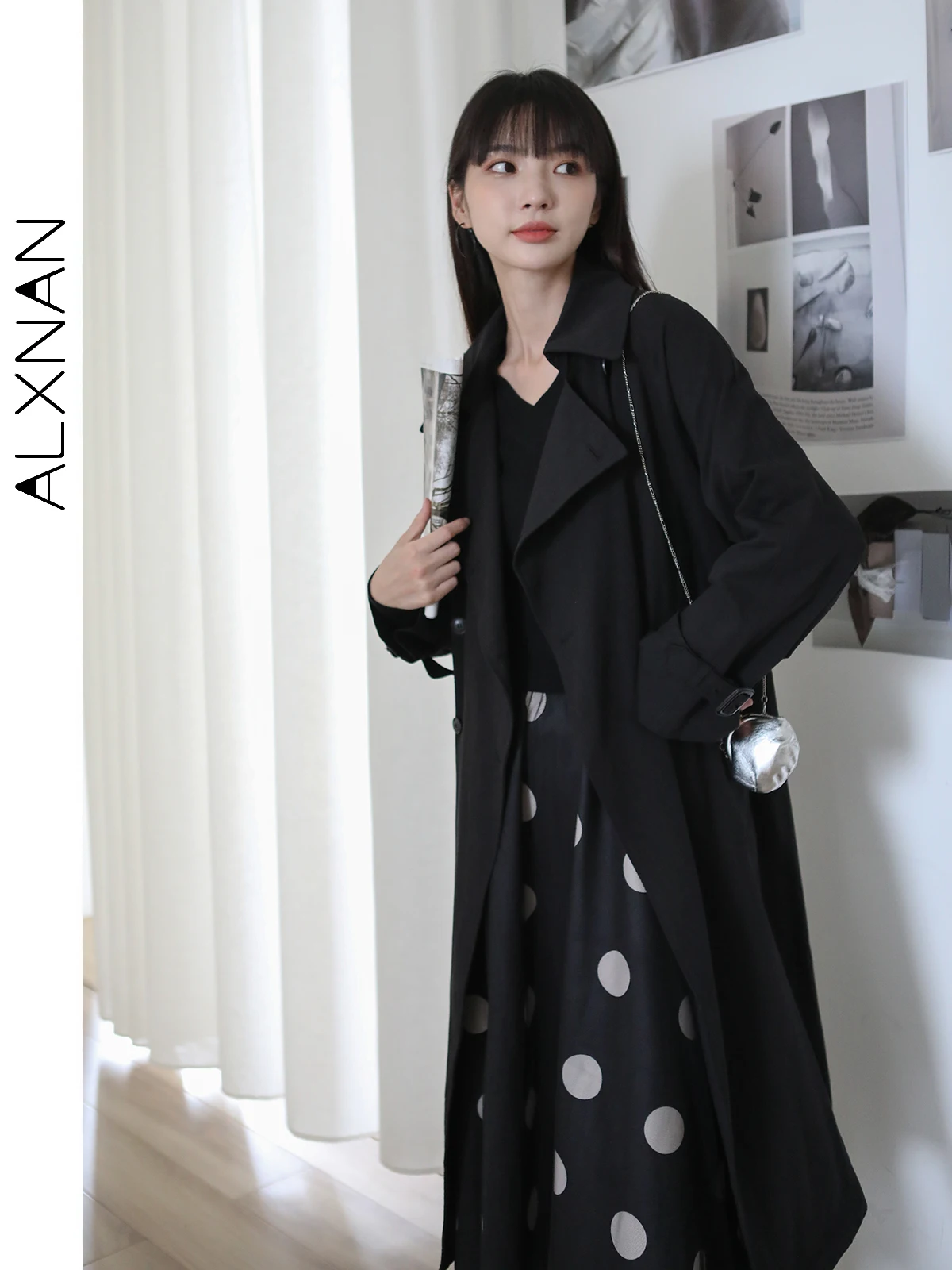 

ALXNAN Basics Trench Coat for Women 2024 Simple Suit Collar Long Sleeve Double Breasted with Belt Fall Winter Overcoat LXN13210