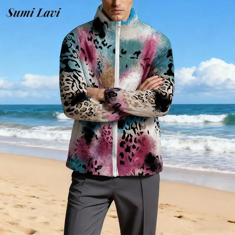 

2025 Autumn Winter Mens Jacket Coat Vintage Leopard Printed Loose Zipper Stand Collar Down Coats Men Casual Outerwear