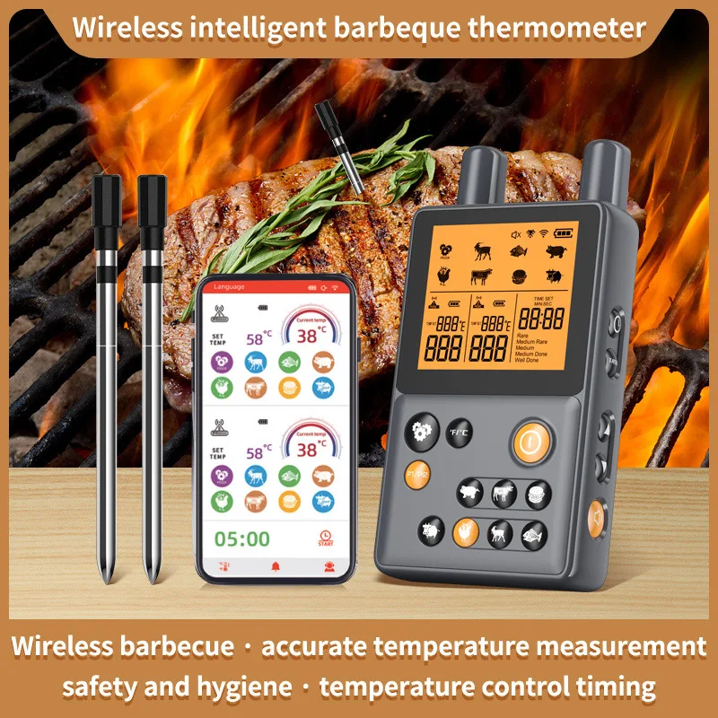 Wireless Meat Thermometer Dual Food Graded Probes With Amplifier 100M Transmission Distance for Kitchen Smoking BBQ Grilling