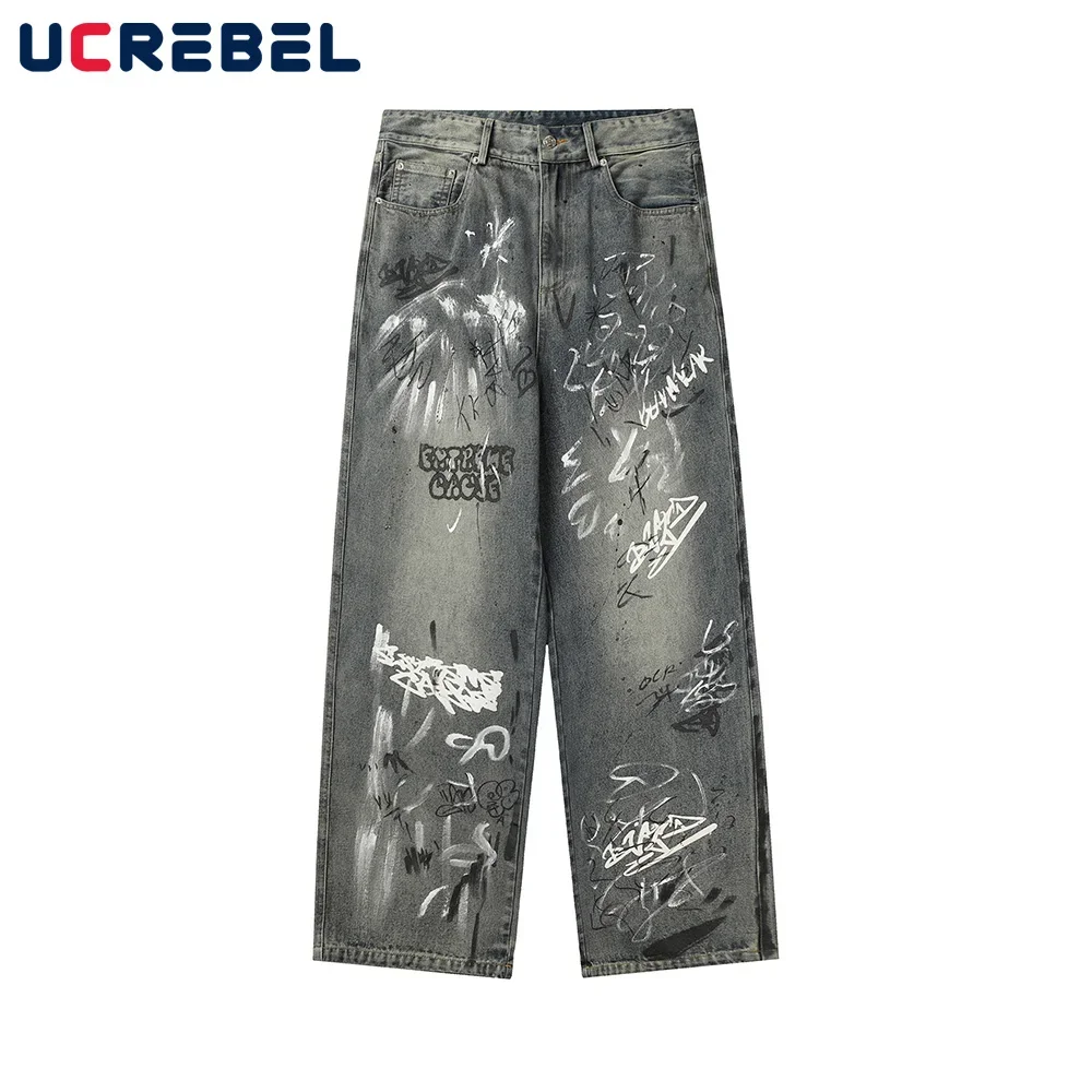 

Letter Graffiti Denim Pants Mens Washed Distressed High Street Loose Straight-leg Wide Leg Jeans Men Trousers