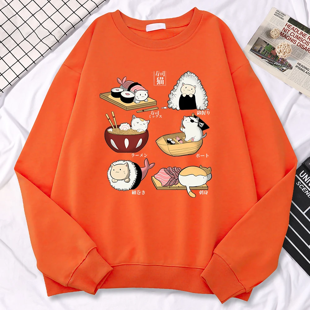 Simple Autumn Women Sweatshirt Sushi Cat\'S Day Harajuku Printing Hoodies Crewneck Fleece Pullover Warm Loose Female Streetwear