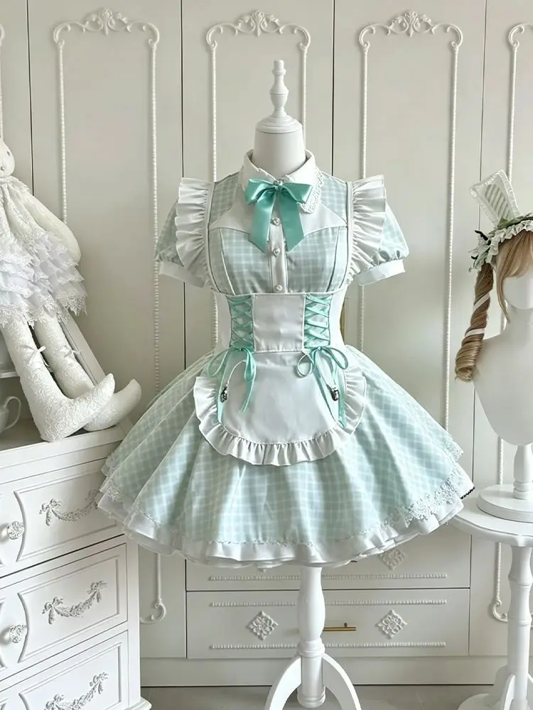 SOIOMES Servant-style Lolita checkered dress + belted apron sweet girl-style dress set