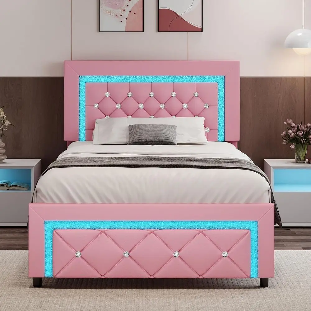 

Мягкая кровать размера Twin со светодиодной подсветкой, изголовьем с ромбовидной прострочкой, без пружинного блока, простая сборка, розовая.
