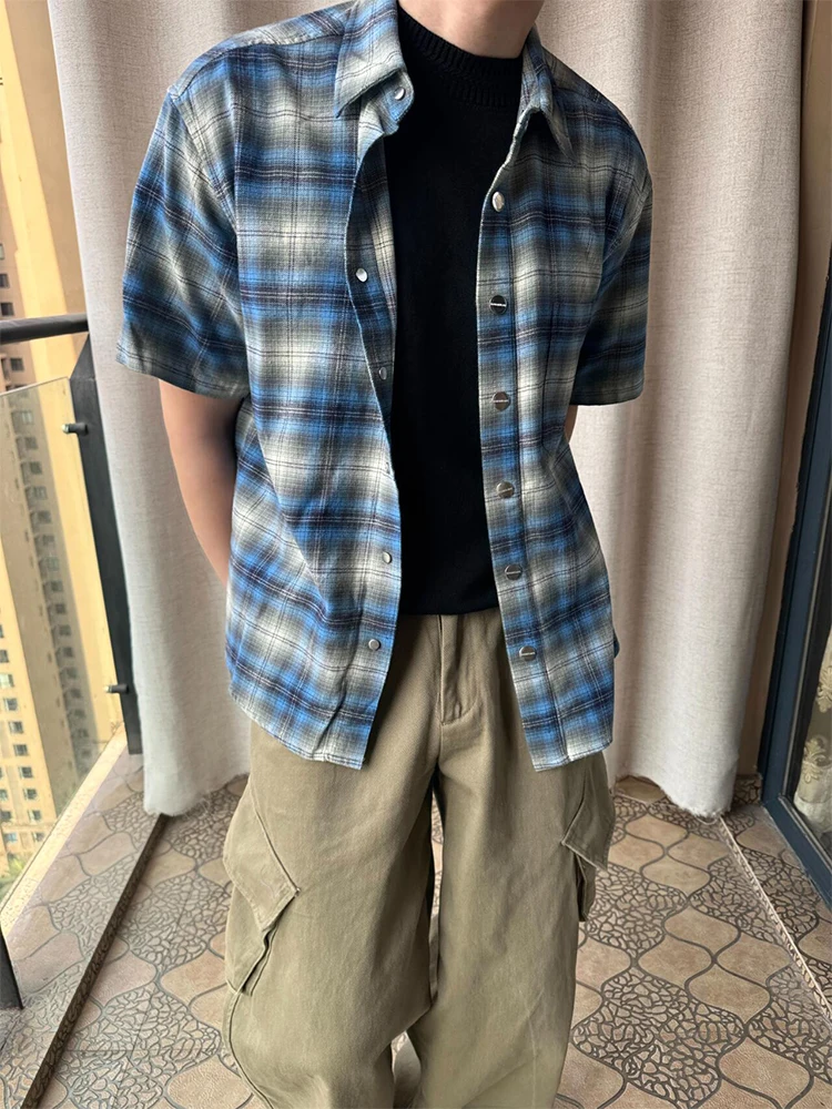 

HaoNan Yellow Plaid Flannel Short Sleeve Men's Vintage Shirt Blue Couple's Outerwear Casual Loose Fit Summer Fashion