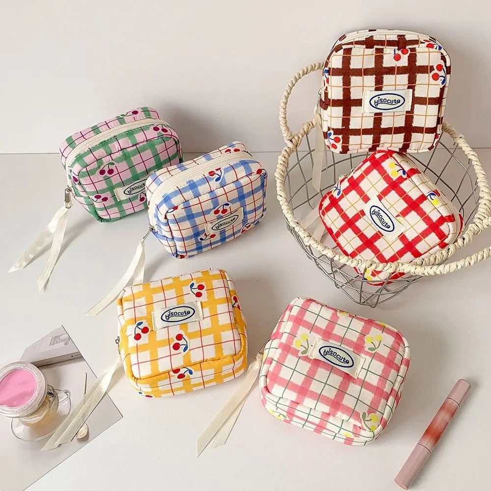 Cute Large Plaid Coin Purse Zipper With Compartment Mini Makeup Bag Small Cherry Multifunctional Lipstick Storage Bag Daily Use