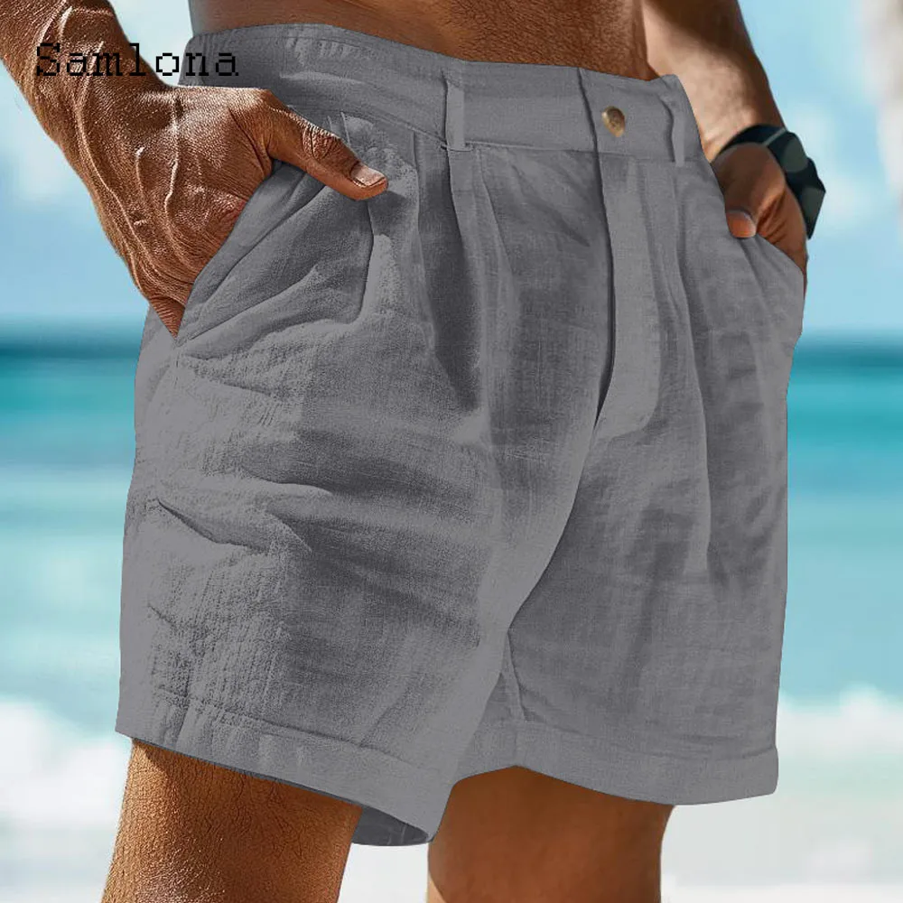 Mens Vintage Stand Pocket Cotton Linen Shorts 2024 European Style Casual Beach Short Pants Solid White Khaki Button Fly Hotpants