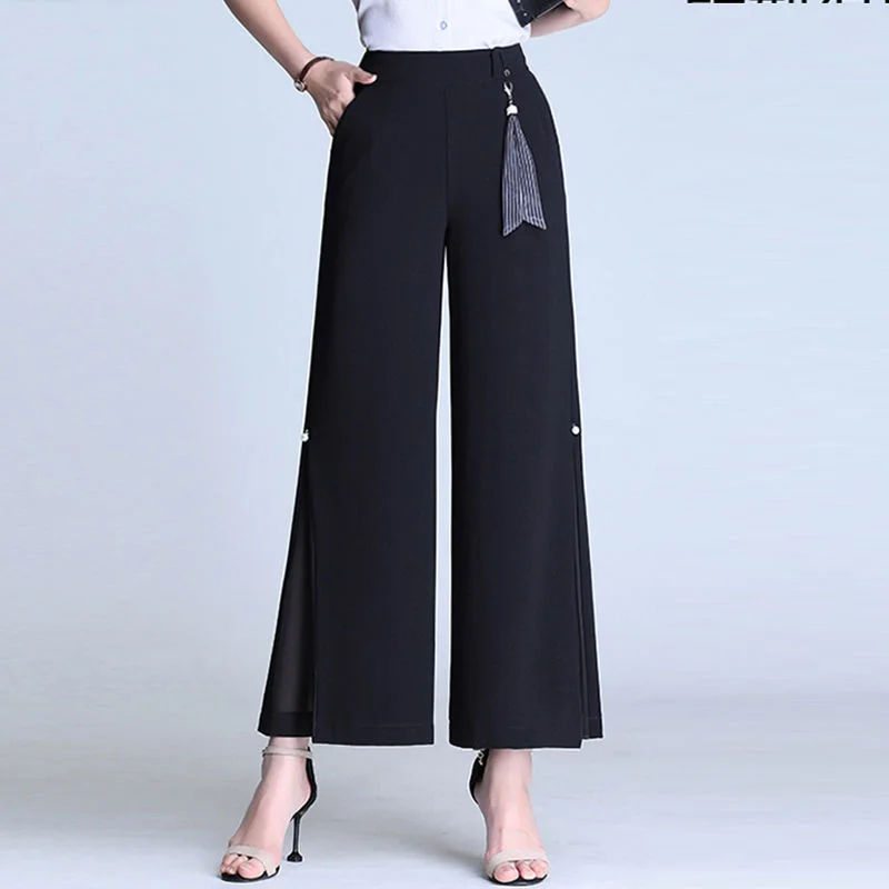 Women Summer New Chiffon High Waist Elastic Wide Leg Pants Fashion Split Crop Pants Casual Breathable Versatile Thin Suit Pants