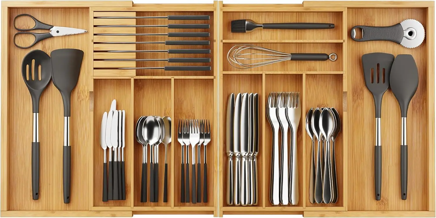 

Expandable Silverware Drawer Organizer with Removable Knife Blocks, Bamboo Kitchen Utensil Holder