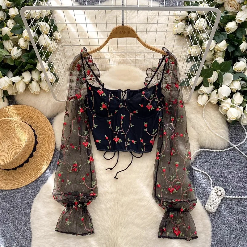 

OCEANLOVE Embroidered Flowers Short Blouses Flare Sleeve Sweet Mesh Women Shirts Spring Autumn Sexy Vintage Blusas Mujer