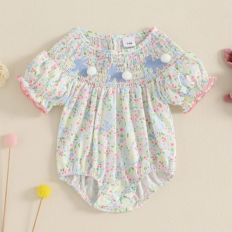 Baby Girl Easter Outfit Bunny Embroidery Smocked Bubble Romper Plaid Short Sleeve Bodysuit Cute Summer Clothes