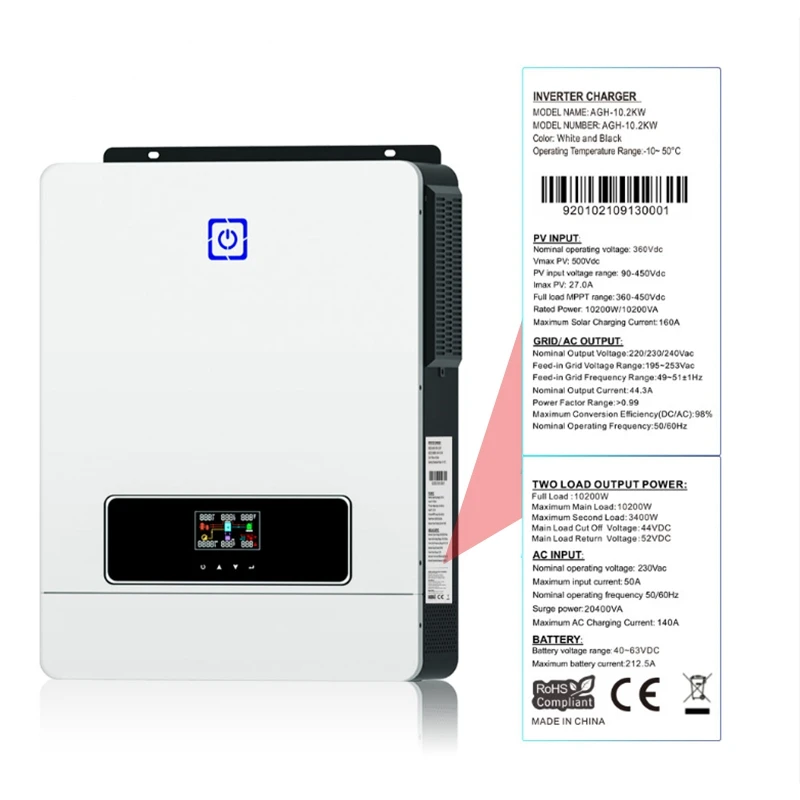 ECGSOLAX 10.2KW Hybrid Solar Inverter 48V 230VAC With Dual MPPT 180A Charging Controller PV Max 500VDC Pure Sine Wave Inverter