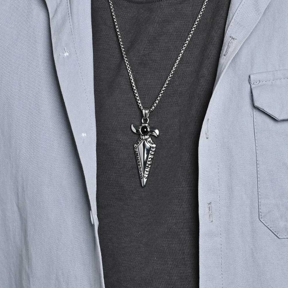 Viking Arrowhead Necklace, Stainless Steel Rune Spear Arrowhead Pendant, Box Chain, Jewelry for Men