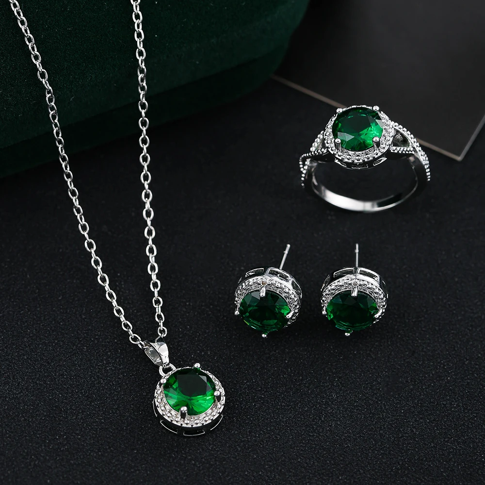 LXOEN Fashion Green Cubic Zirconia Stone Round Necklace Earring and Ring Set Bridal Wedding Party Jewelry for Women Joyas Mujer