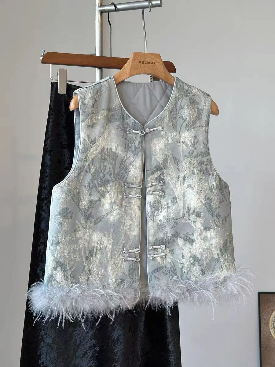 

Новый жилет в китайском стиле с круглым вырезом и пуговицами-лягушками, изысканный жаккардовый жилет с пэчворком, пушистый, элегантный женский винтажный жилет для весны и осени