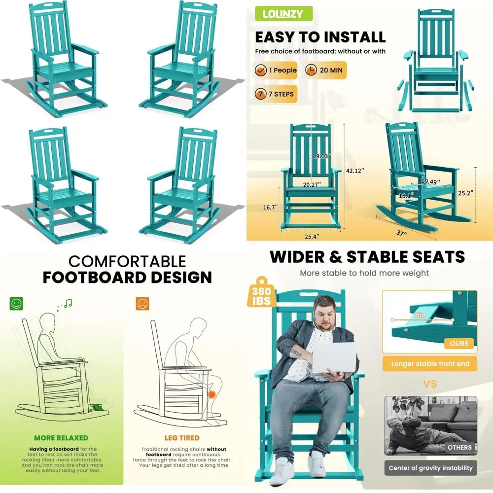 Set di 4 sedie a dondolo da esterno, dondoli da patio in polietilene ad alta densità con capacità di 380 libbre per adulti, relax ispirato all'arub