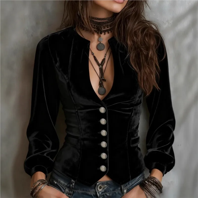 

V-neck Single-breasted Long-sleeved Spring Autumn Short Coat Women New Retro Elegant Versatile Daily Commuting Party Slim Jacket