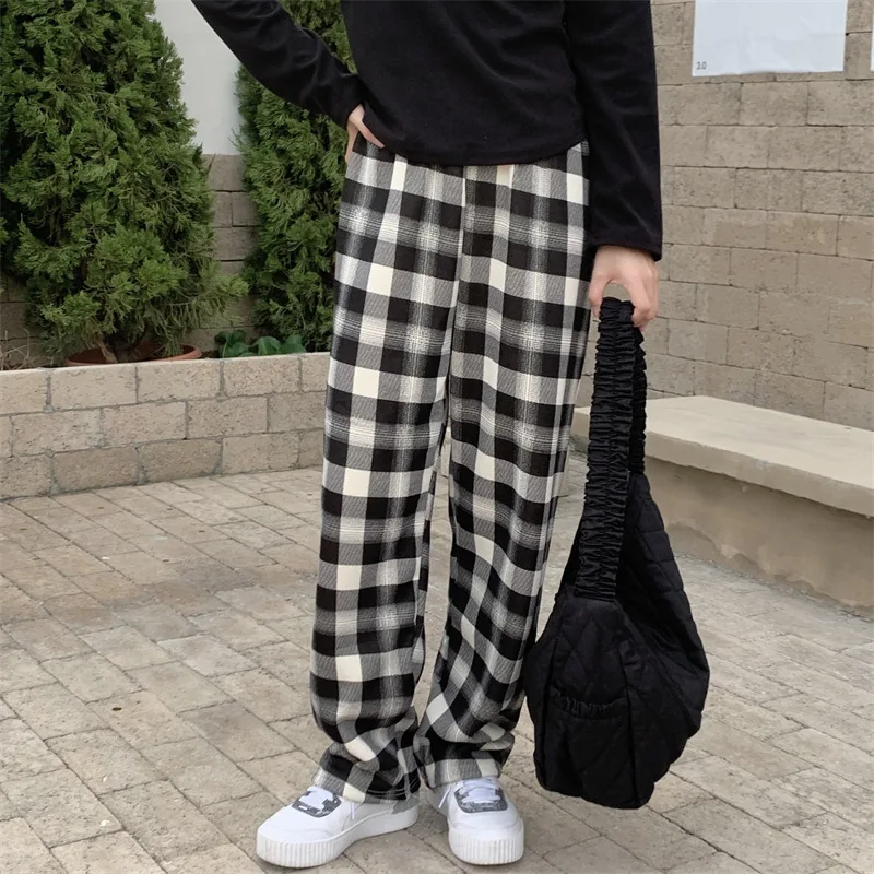 Padded Thickened Wide Leg Pants Winter Lambswool Plaid Pants Female High Waist Casual Straight Pants