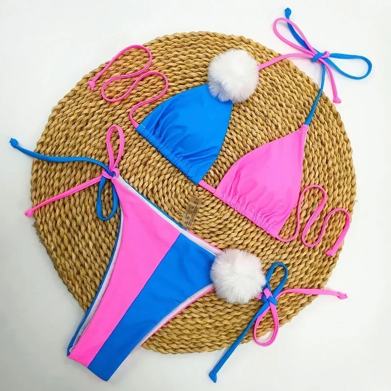 

Block ColorTwo-Tone Low-Rise Bikini Sexy Swimwear Contrast Design for Beach Lovers Bathing Suit Women Sexy Bikinis Set with Ball