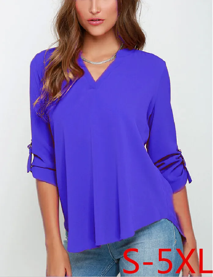 New Sexy v-neck blouse loose Camisas European Style Chiffon Blouses Long Sleeve Shirts plus size ropa mujer S-5XL