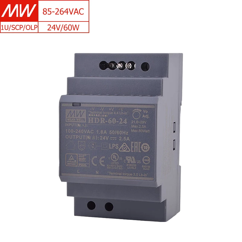 

HDR-60-24 IP20 Metal Case 24V 60W Single Output DIN Rail Power Supply for Industrial Automation Control Systems