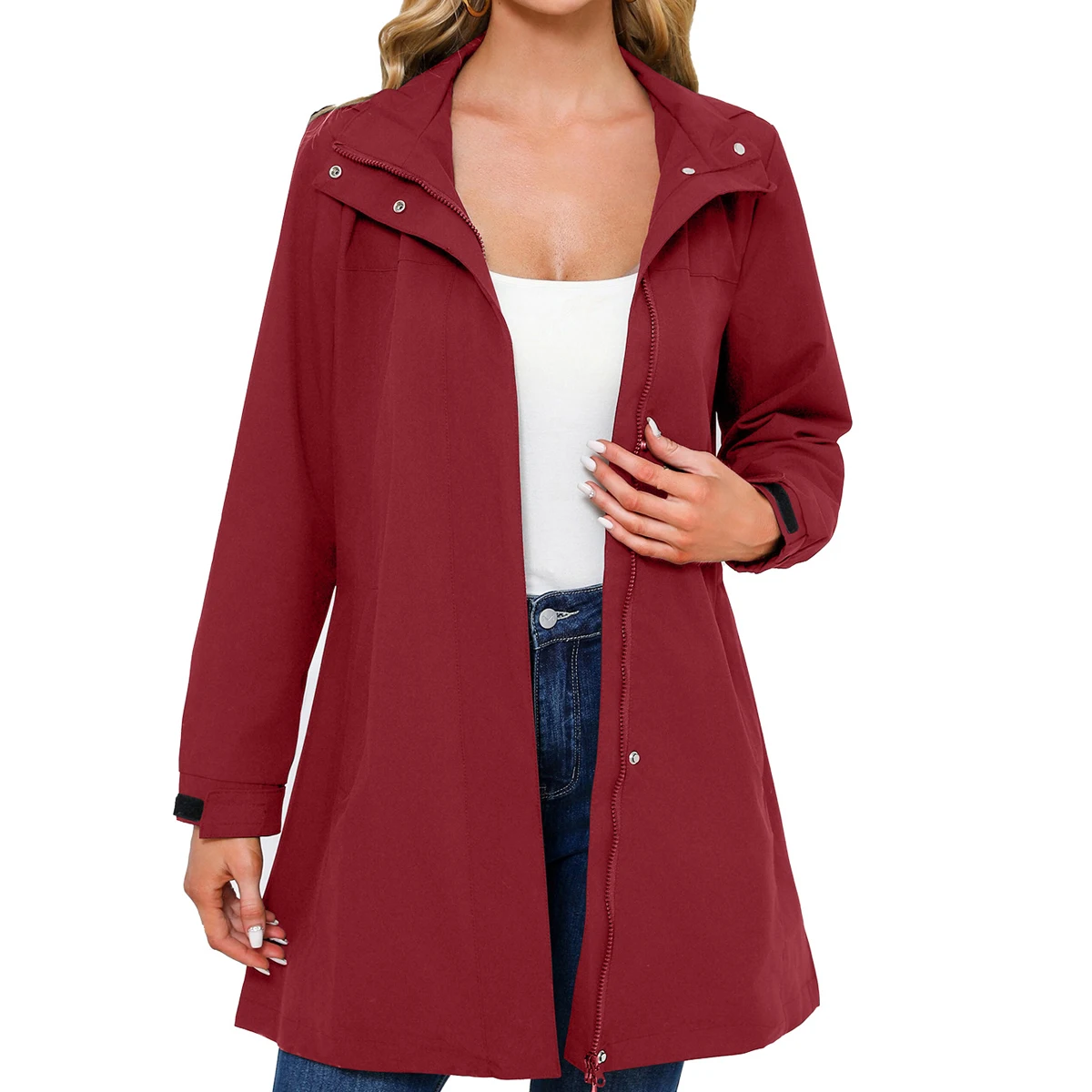 

Women's Casual Water-Resistant Trench Coat Detachable Hood Windbreaker Solid Color Long Sleeve Light Weight Jacket