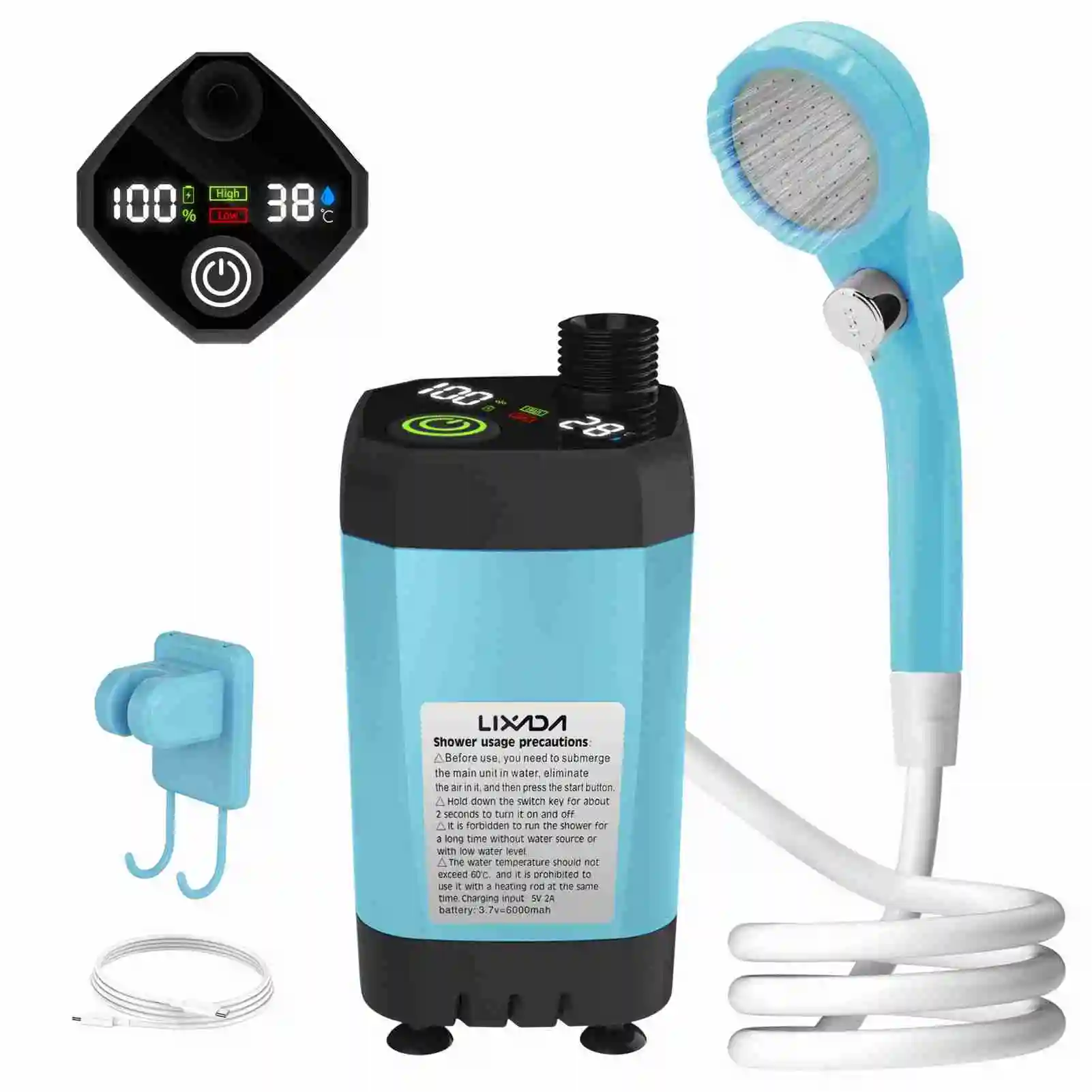 Lixada Portable Camping Shower Pump RV Outdoor Shower Kit Adjustable 6000/7800/9000mAh Traveling Shower Kit for Backyard Hiking