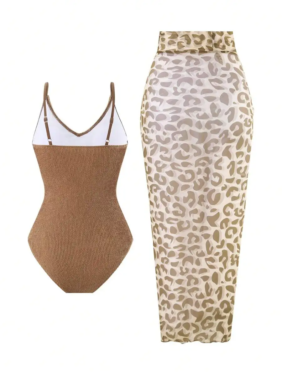 

Women One Piece Swimsuit With Leopard Print Skirt Beach Cover Up Set