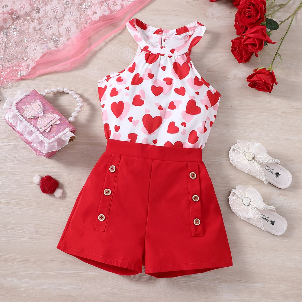 Girls' spring and summer new style Valentine's Day halter neck love print sleeveless top vest + double-breasted pure color short