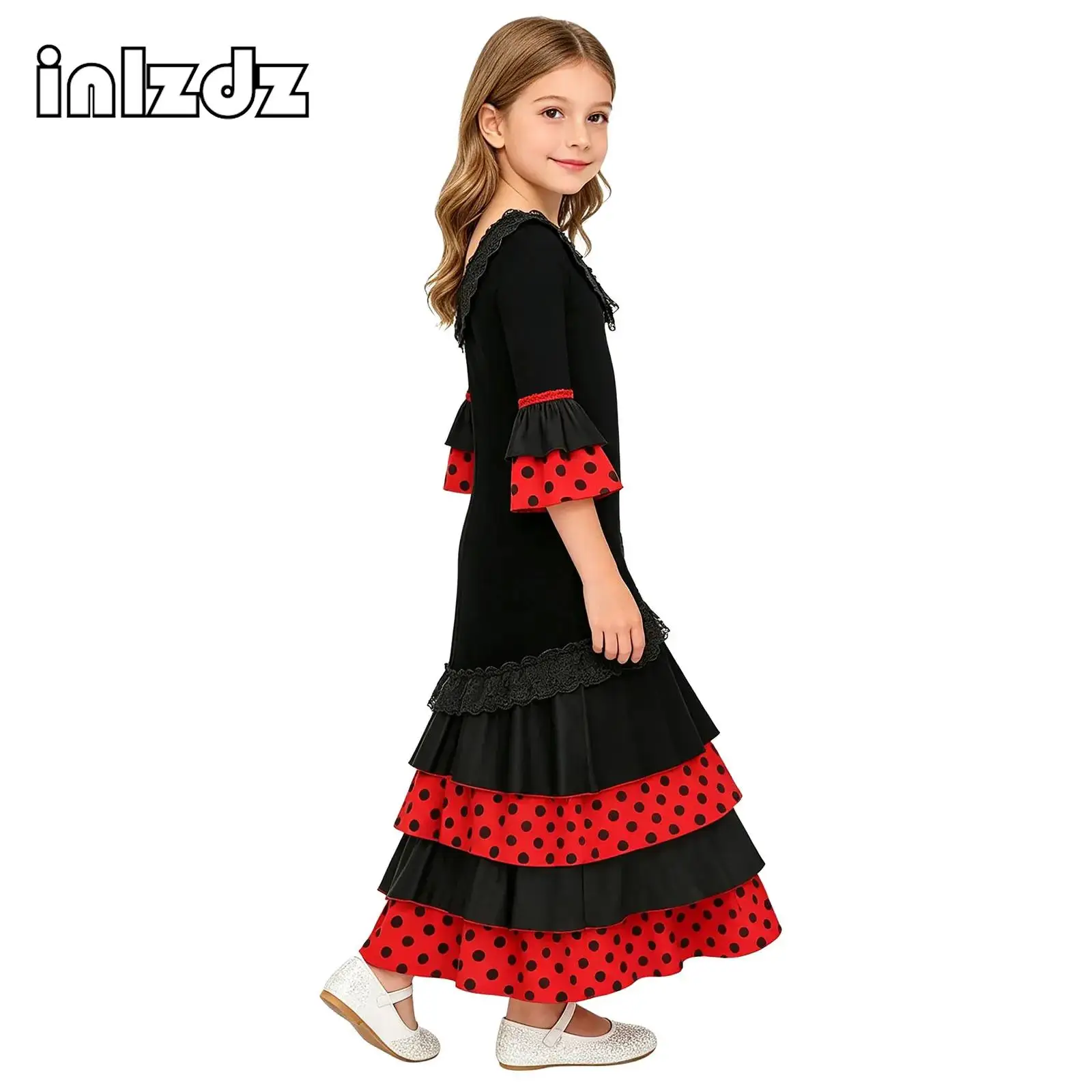 Kids Girls Contrast Color Dots Spanish Flamenco Ballroom Dance Dress Performance Dancewear Lace Trim V-neck 3/4 Sleeves Dresses