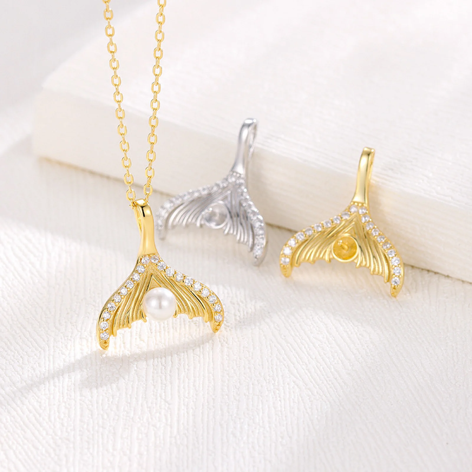 925 Sterling Silver Micro Inlaid Zircon Beauty Fish Tail Pearl Pendant Empty Holder Round Bead Amber Beeswax Empty Table