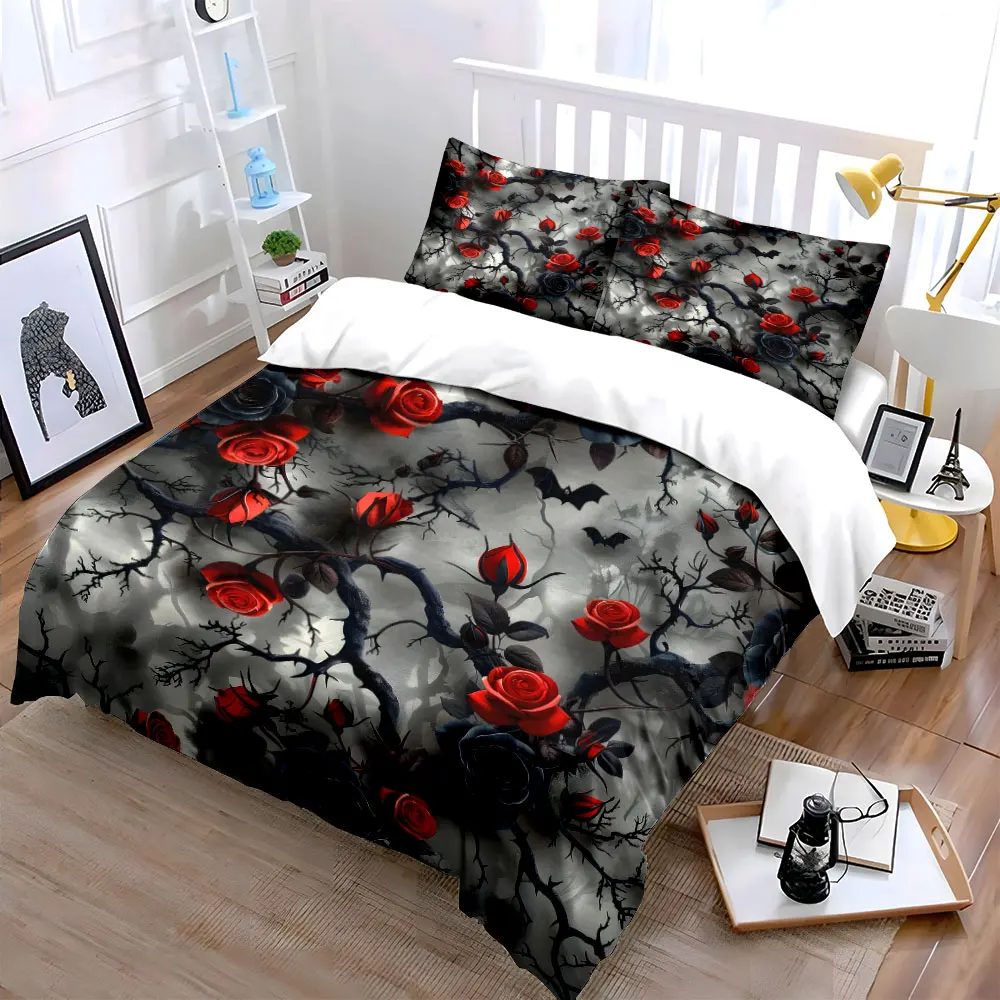Red and black roses with bats Printed Duvet Cover Set 1 Duvet Cover+2 Pillowcase Multi Size Bedroom Bedding Decor Luxury gifts