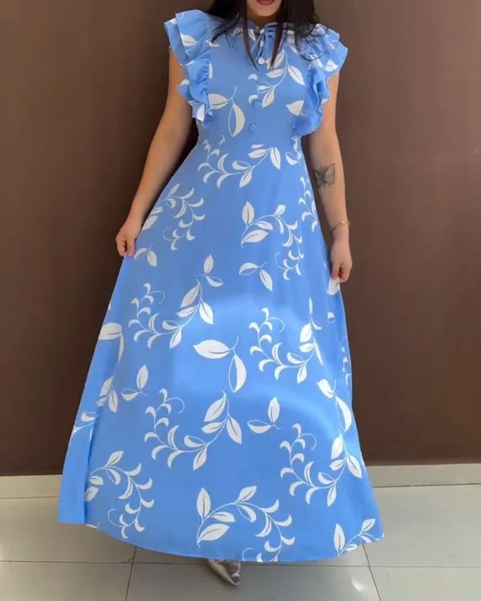 

Printed tie, collar, shoulders, pleated hem, long skirt, casual waist shirt, A-line dress, new women's clothing for summer 2025