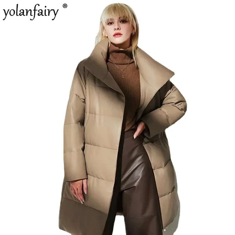 2023 New Straight Winter Leather Down Jacket for Women Standing Collar Long Natural Sheepskin Coat Women's Clothes Fashion FCY