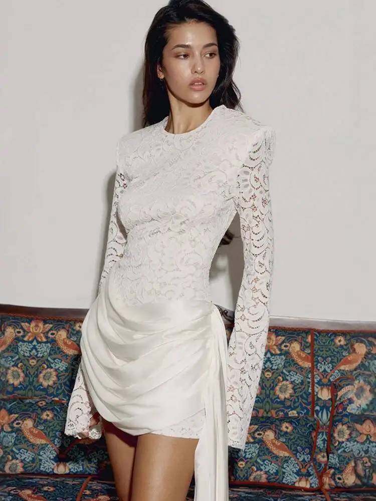 Fantoye Sexy Backless Sheer Spitze Band Frauen Mini Kleid Patchwork Satin Langarm Kleid Frühling Schlank Elegante Club Party Kleid