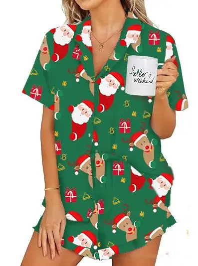 Women Christmas Pajamas Set Santa Print Lapel Neck Button-up Short Sleeve Tops Shorts Loungewear Outfit