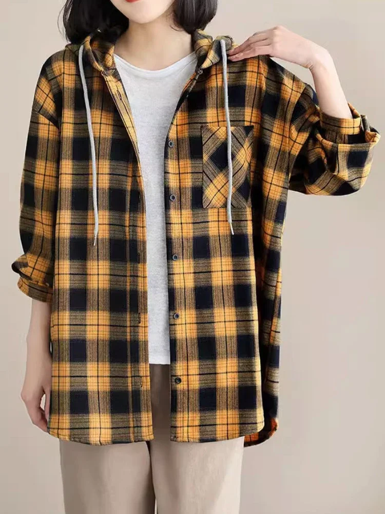 Top Women Clothing Checkered Shirt Hooded Cardigan Jacke Loose Top Ladies Versatile T Korean Style Streetwear Spring Summer Y2k