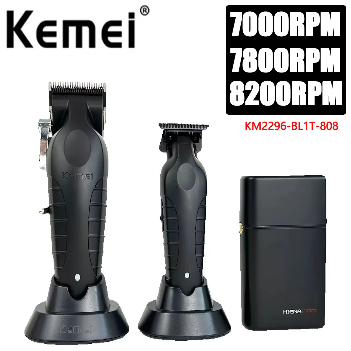 3-Piece Set KM2296 BL1T 808 Black Barber Shop Professional Men's Hairdresser Set Electric Cordless Razor DLC Blade Hair Trimmer