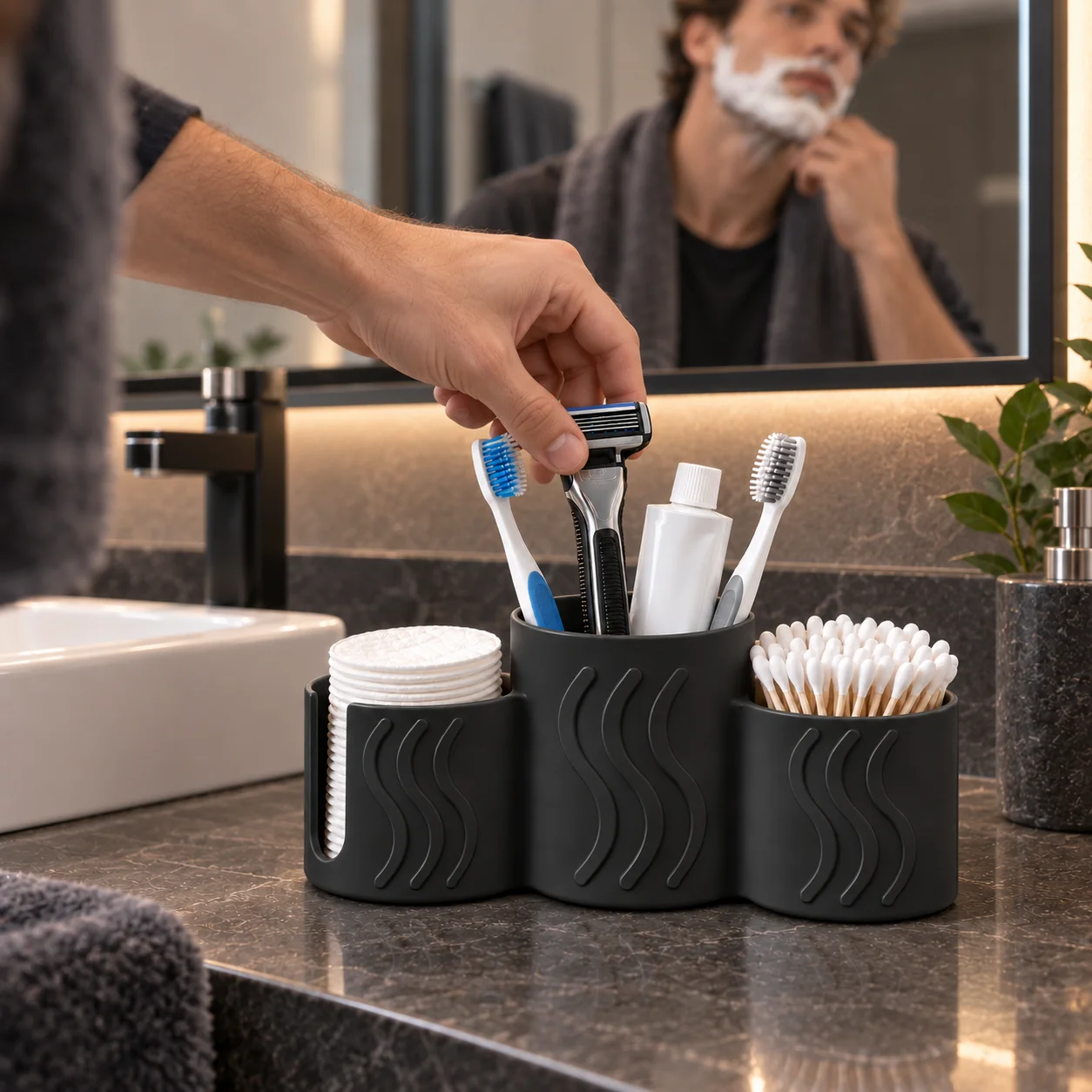 Wave-Textured Three-Compartment Bathroom Countertop Storage Box, Matte Imitation Ceramic Texture in Black and White, Side-Opening Cotton Pad Dispenser, Waterproof and Easy to Maintain, Multifunctional Toothbrush Holder, Cotton Swab Box, Makeup Brush Storage Rack, Storage for Shaving Supplies and Dental Tools, Light Luxury and Versatile, Unisex, High Aesthetic Value, Bathroom Vanity Countertop Organizer, Housewarming Gift, New Home Gift, Essential Item for University Dorms