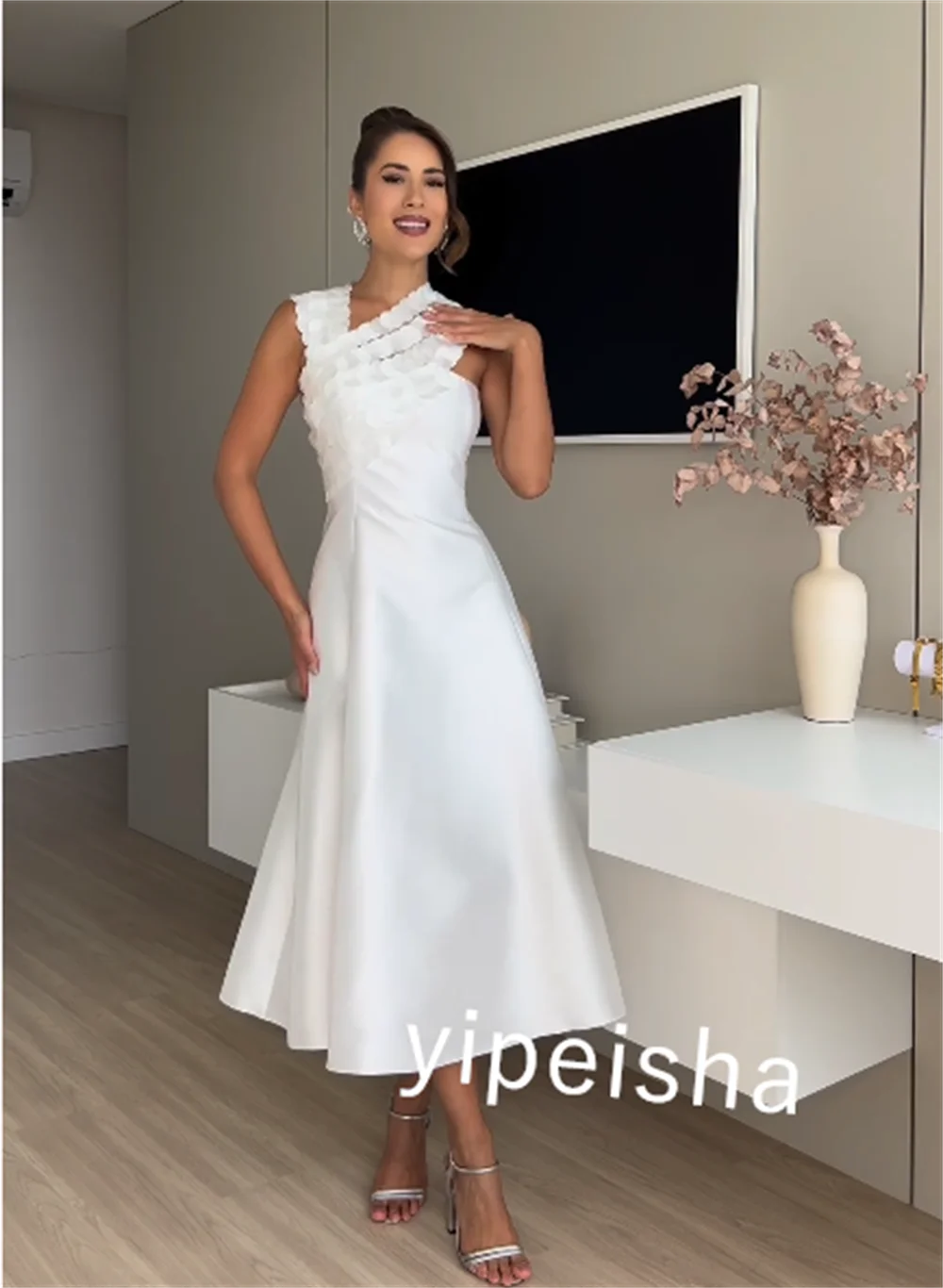 Cetim plissado festa A-Line Halter Dress, Bespoke Ocasião Vestido, Vestidos Midi