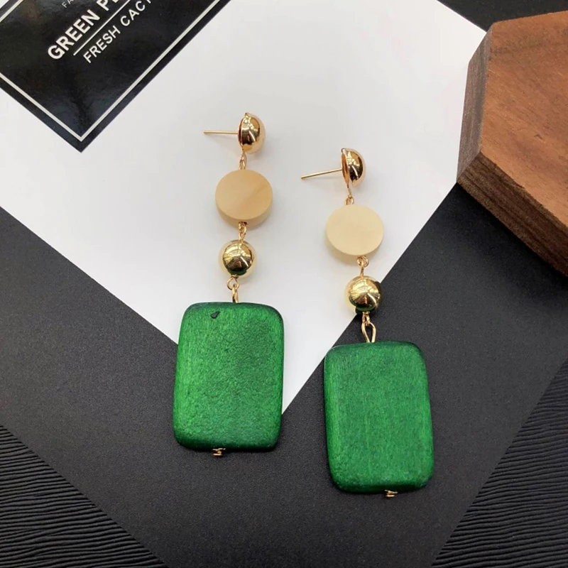 Trendy Statement Long Dangle Earrings for Women Green Wood Rectangle Drop Earrings Wedding Party Geometry Big Jewelry Gift