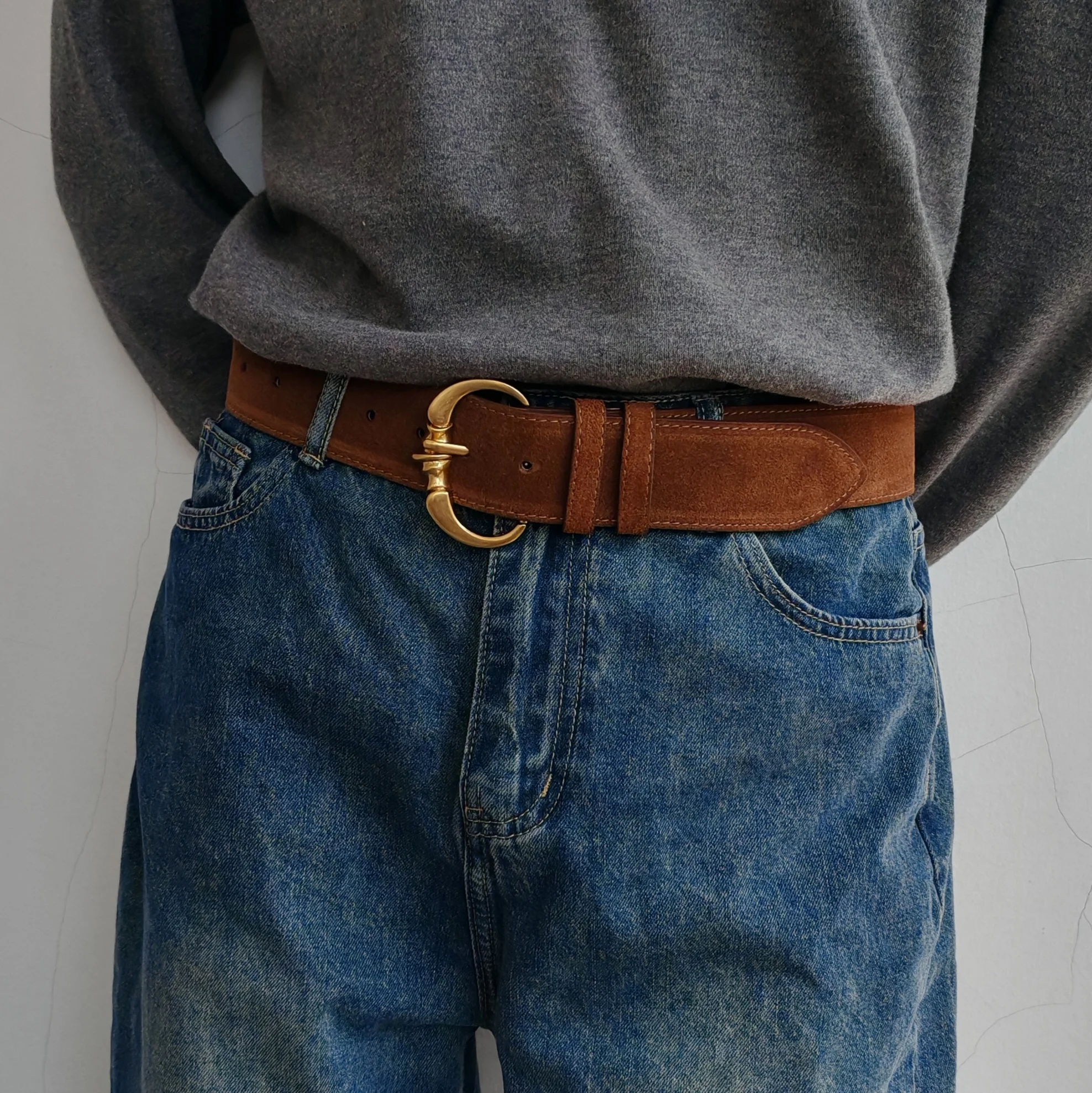 

Женский широкий ремень из матовой воловьей кожи в стиле ретро - замшевый кожаный поясной ремень, многофункциональный для брюк, пальто, куртки