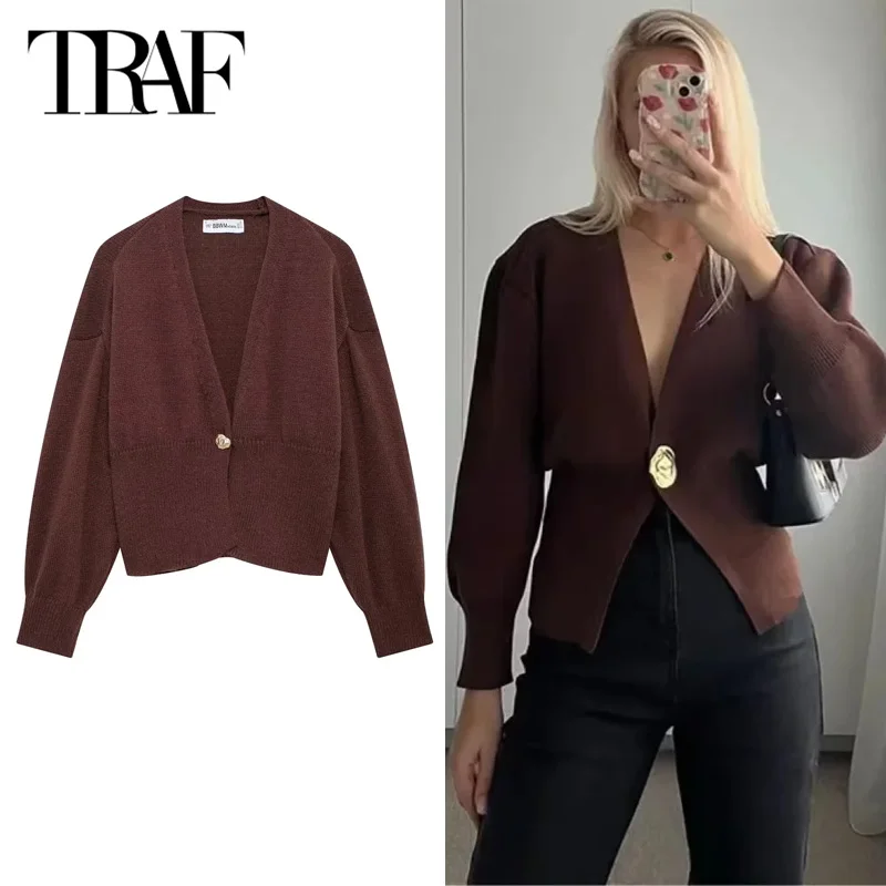 TRAF Brown Cropped Cardigan 2024 Women's Autumn Long Sleeve Knitted Sweater Coat Elegant Casual Short Knitwear Outerwears