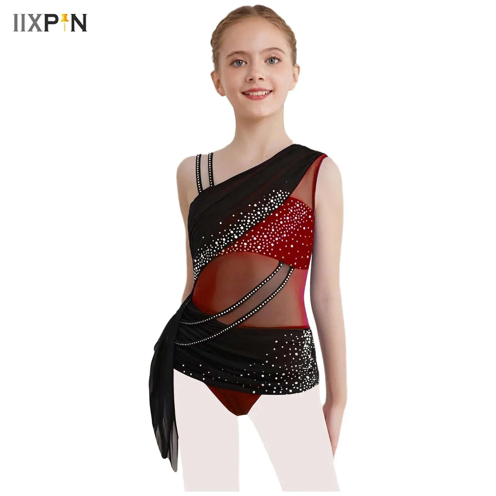 

Kids Girls Lyrical Dance Costume Sheer Mesh Ruched Overlay Asymmetrical Glittery Rhinestones Leotard Dress Jazz Ballet Dancewear