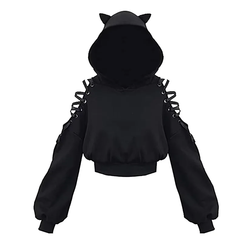 الملابس النسائية بلون القوطية Hoddies المرأة البلوز الجوف خارج كم طويل مقنع بلوزة كاجوال الصيف الخريف Y2k